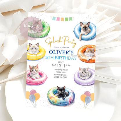 cat pool party invitation
kitten summer birthday invite
