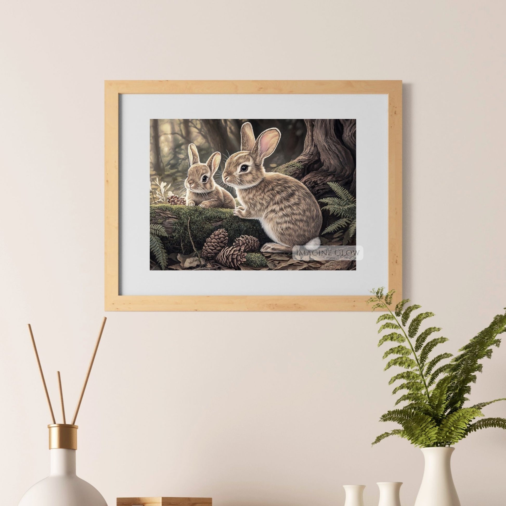 Cute rabbits in the forest nature wall art.
