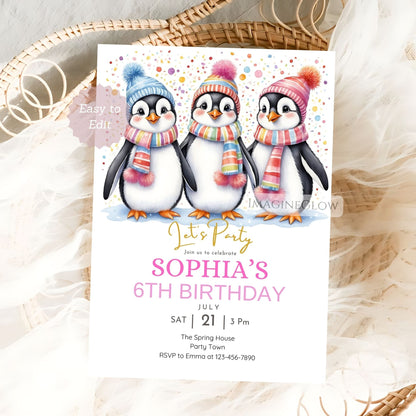 Birthday invitation card with penguins wearing colorful hats and scarves on a white background.
