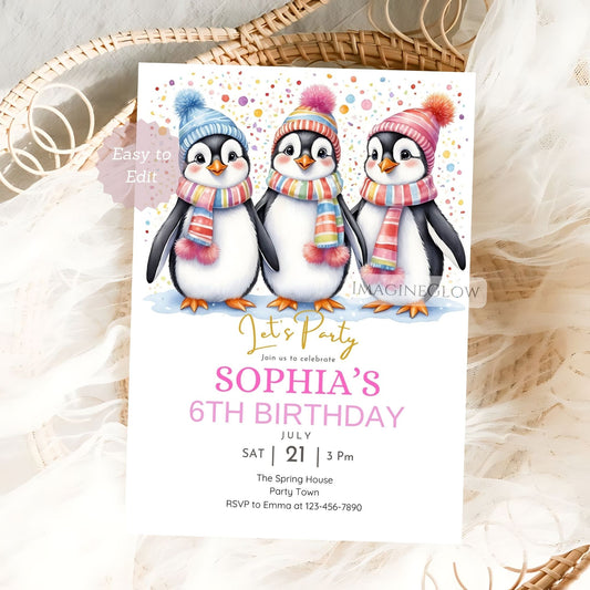 Birthday invitation card with penguins wearing colorful hats and scarves on a white background.
