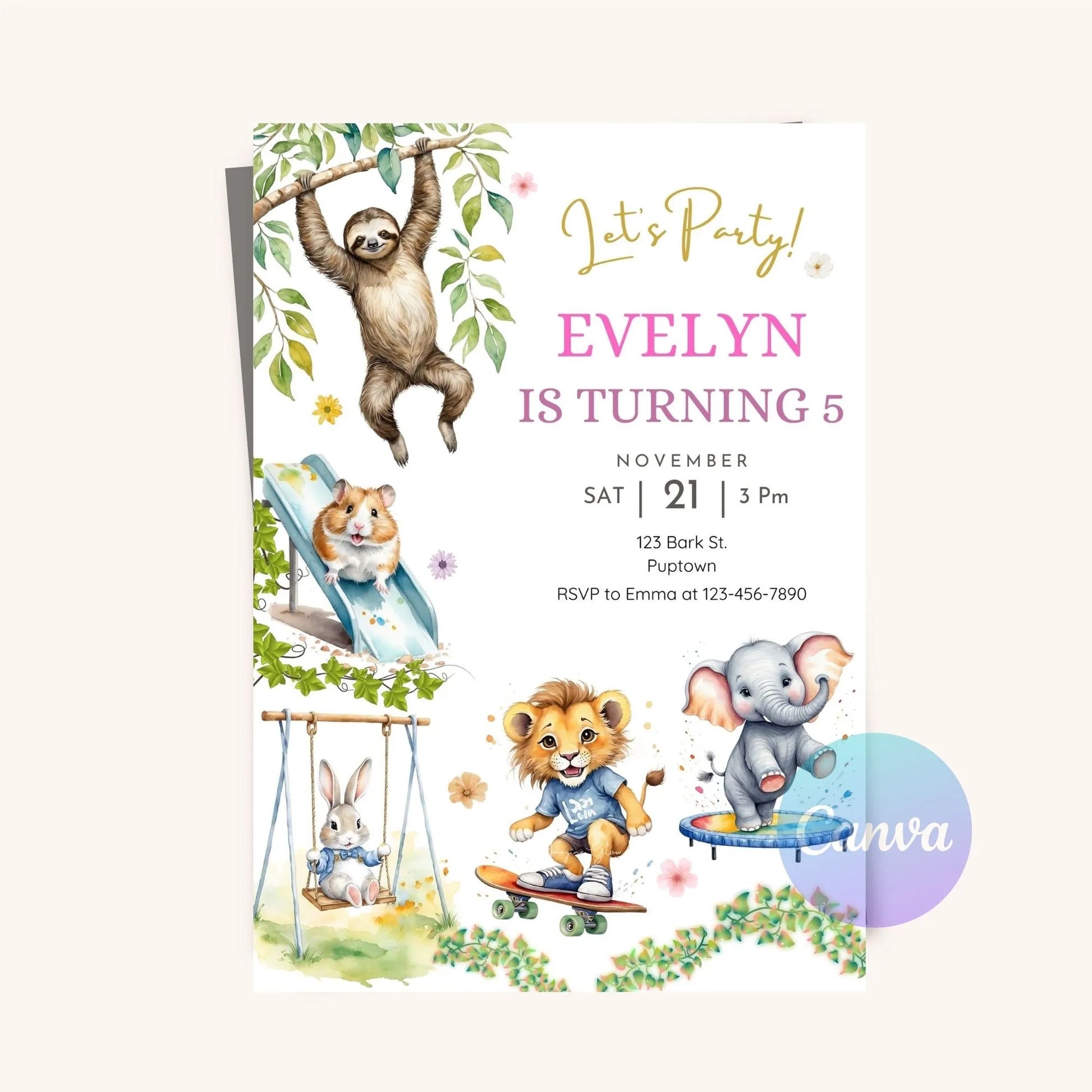 Jungle safari animal birthday invite for kids editable template.
Editable jungle safari birthday invitation with animal theme for kids.