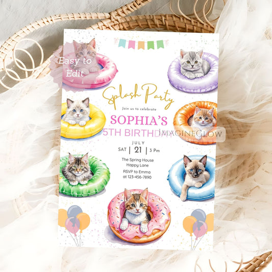 cat kitten pool party invitation
summer beach swim birthday invite
