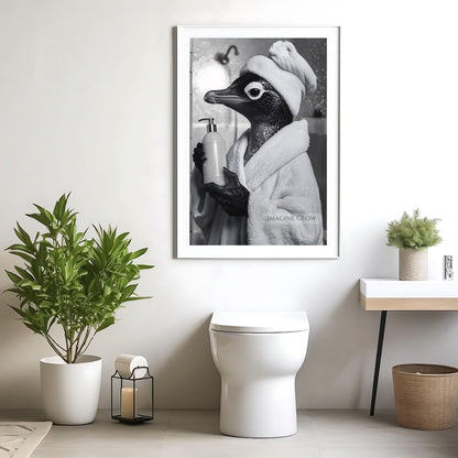 Penguin bathroom wall art black and white
