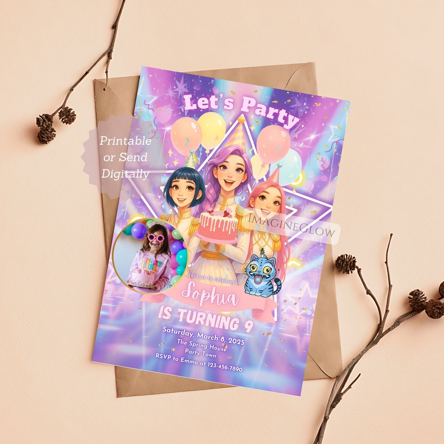 kpop demon hunters birthday invitation with photo
