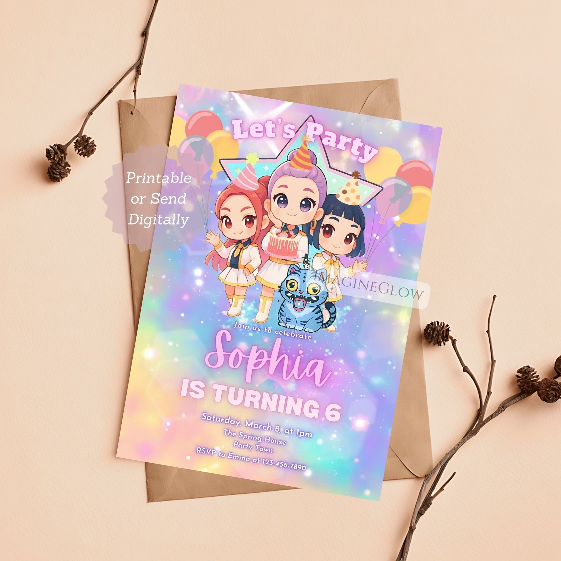 huntrix demon hunters party invitation
editable anime birthday party invite