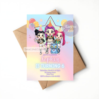 Digital KPOP Demon Hunters birthday invitation with anime character

