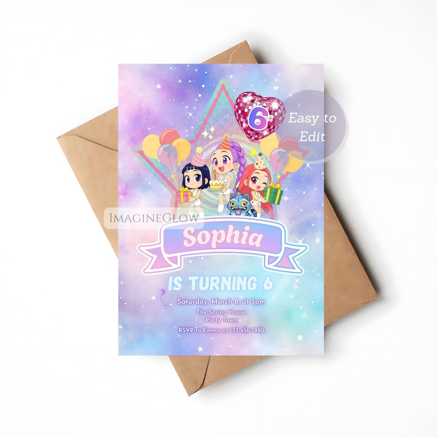 Digital KPOP Demon Hunters birthday invitation with anime character
