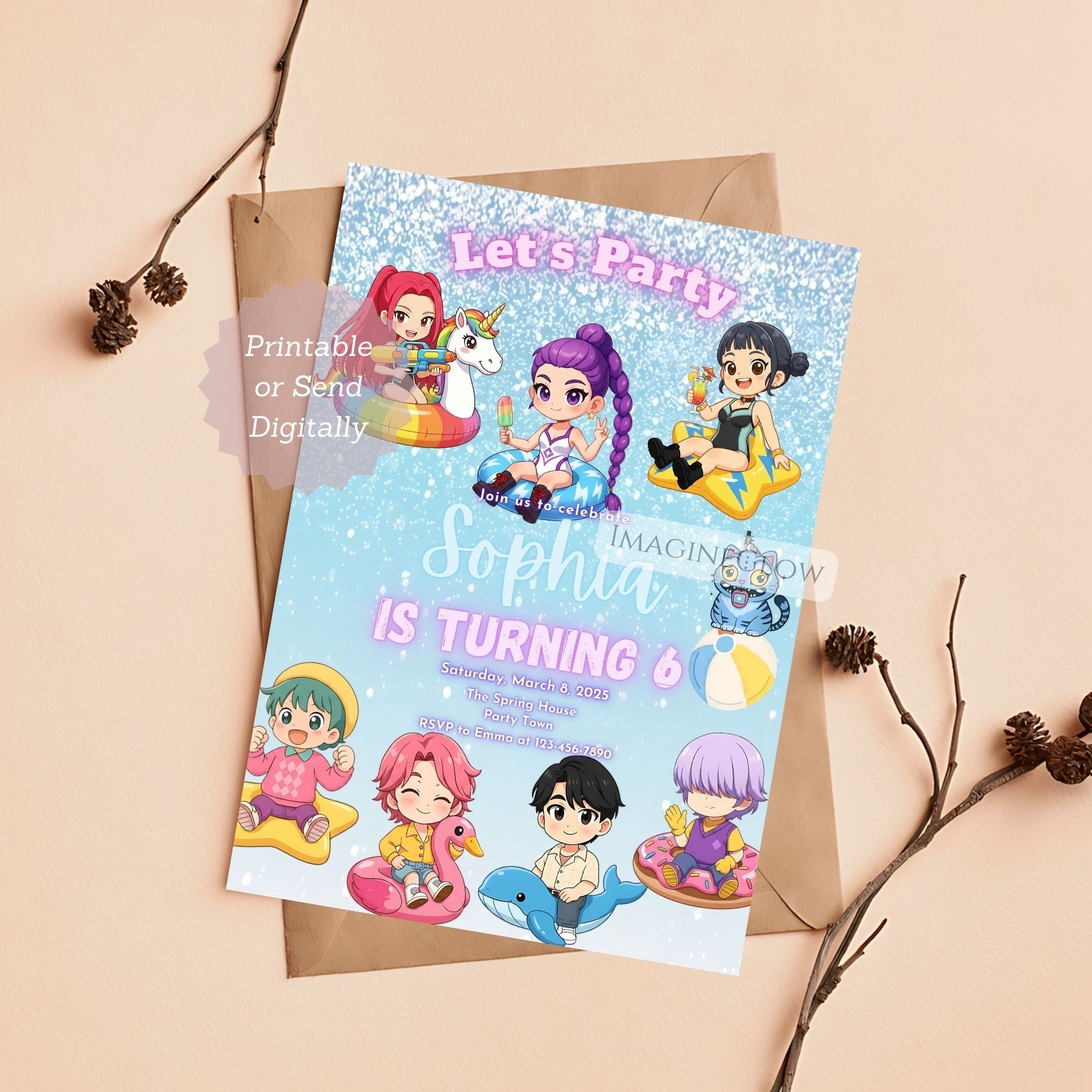 summer swim anime birthday invite