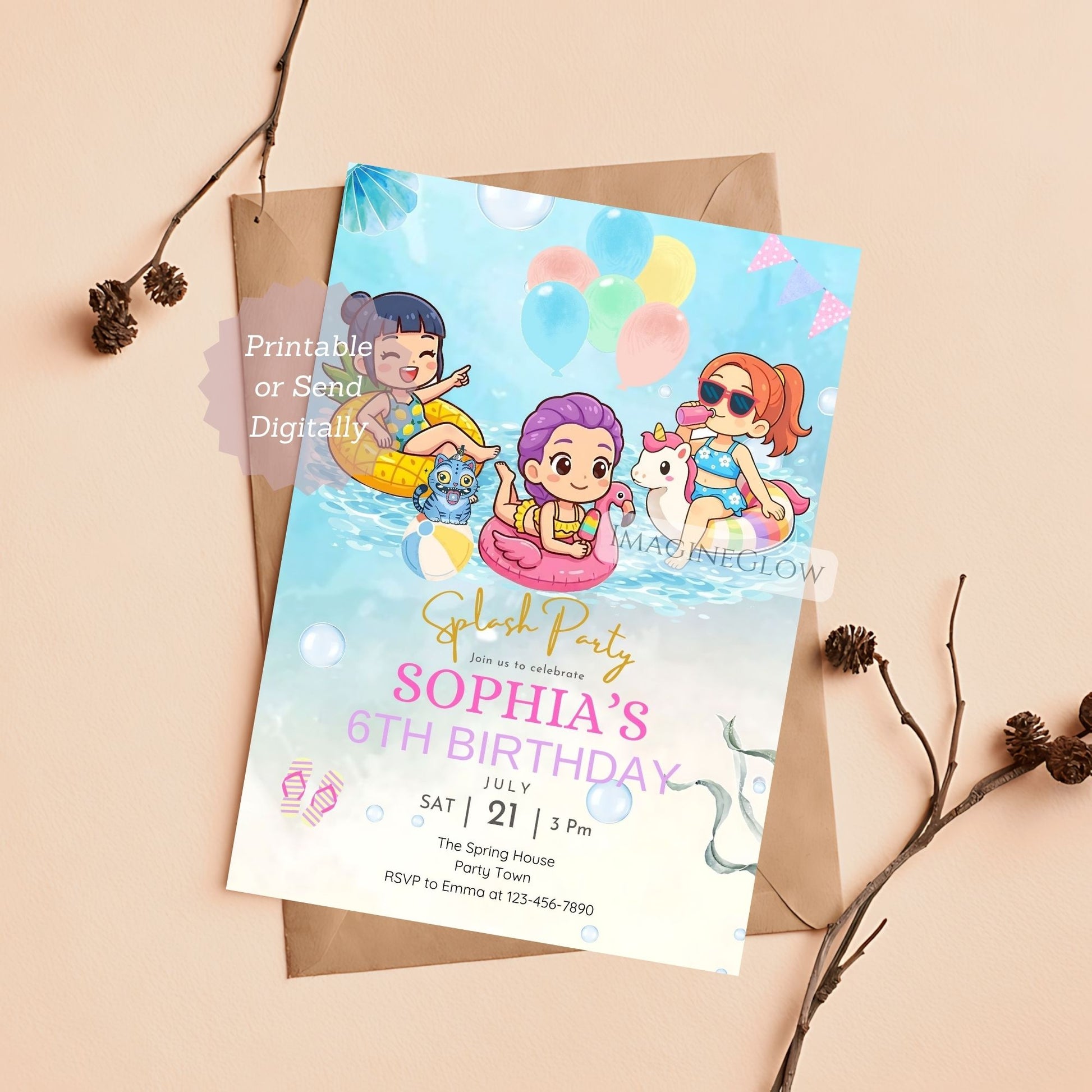 Birthday invitation card with cartoon characters on a pool background