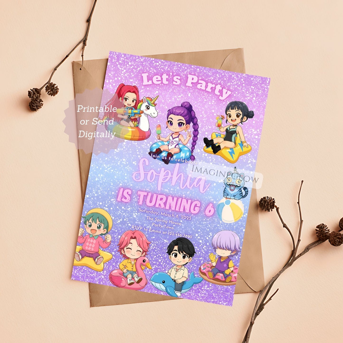 kpop demon hunters pool party invitation
