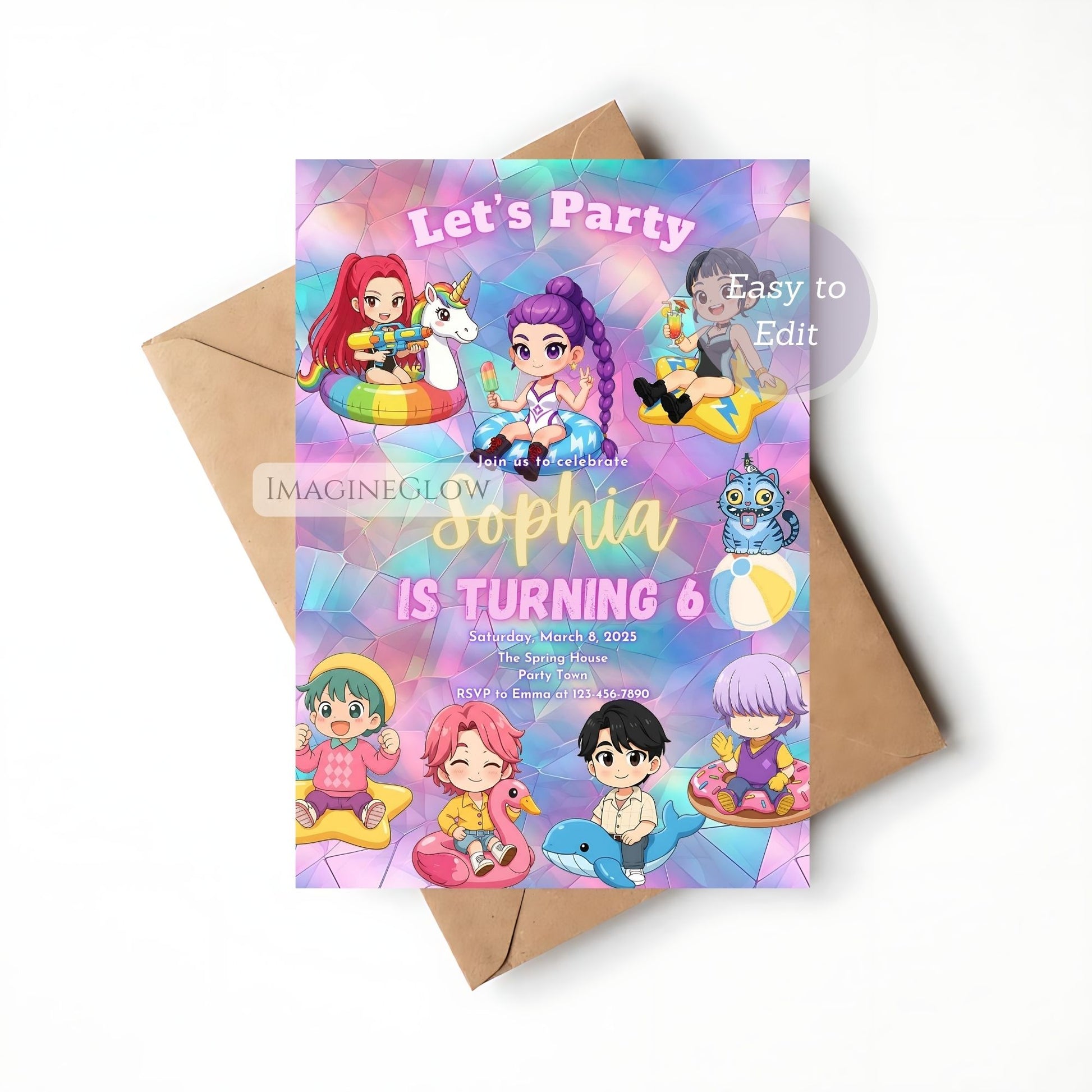anime pool party birthday invite
summer beach anime birthday invitation
