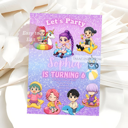 huntrix birthday pool party invite
anime pool party birthday invitation
kpop anime swim party invite
