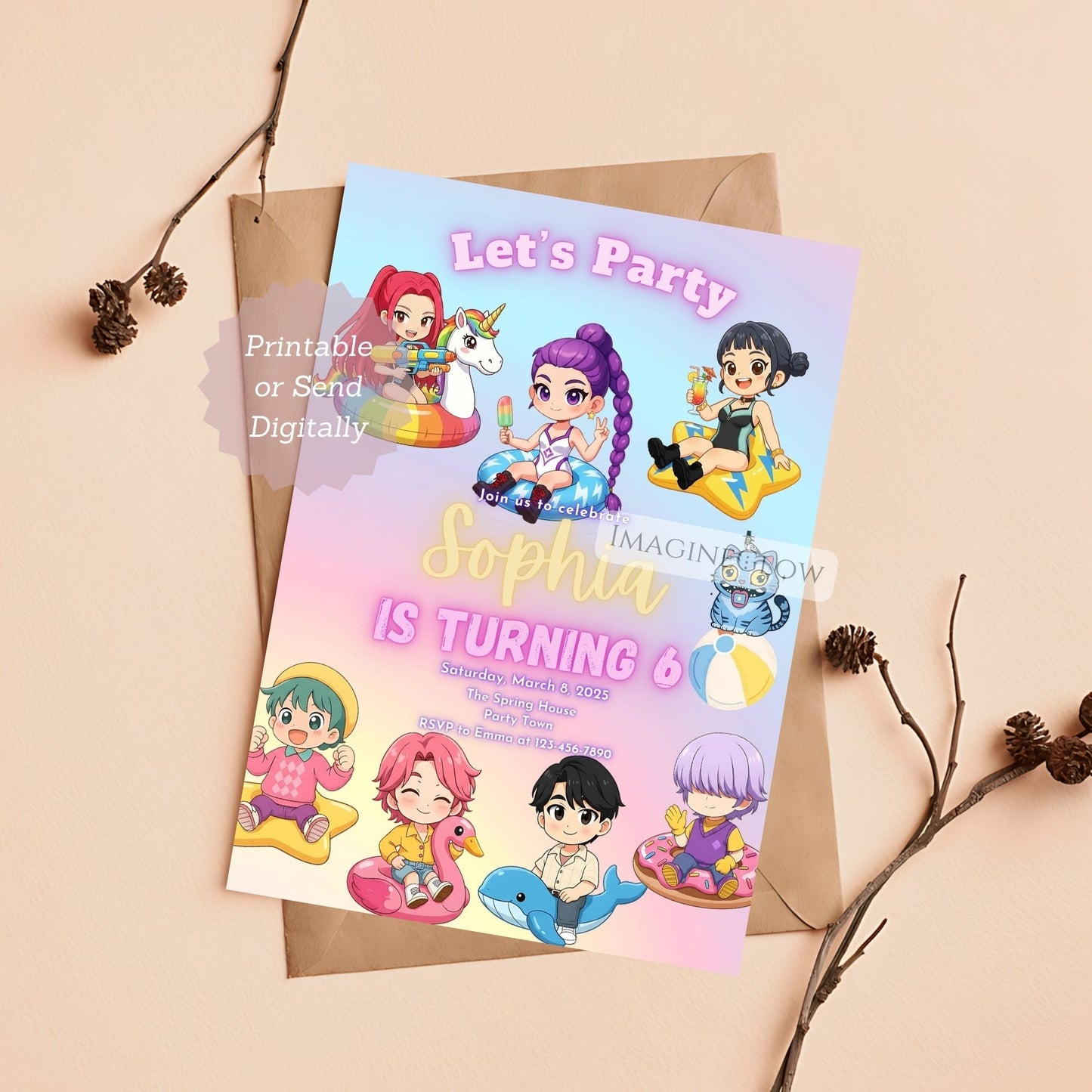 editable anime pool party invitation
