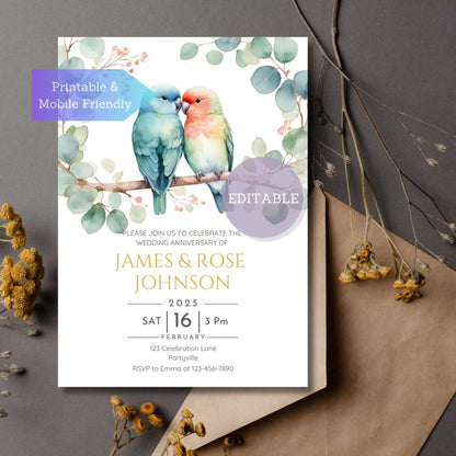 Editable lovebirds anniversary invitation template for any celebration, designed in Canva