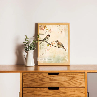 Vintage bird print with two birds perched on a tree branch.
