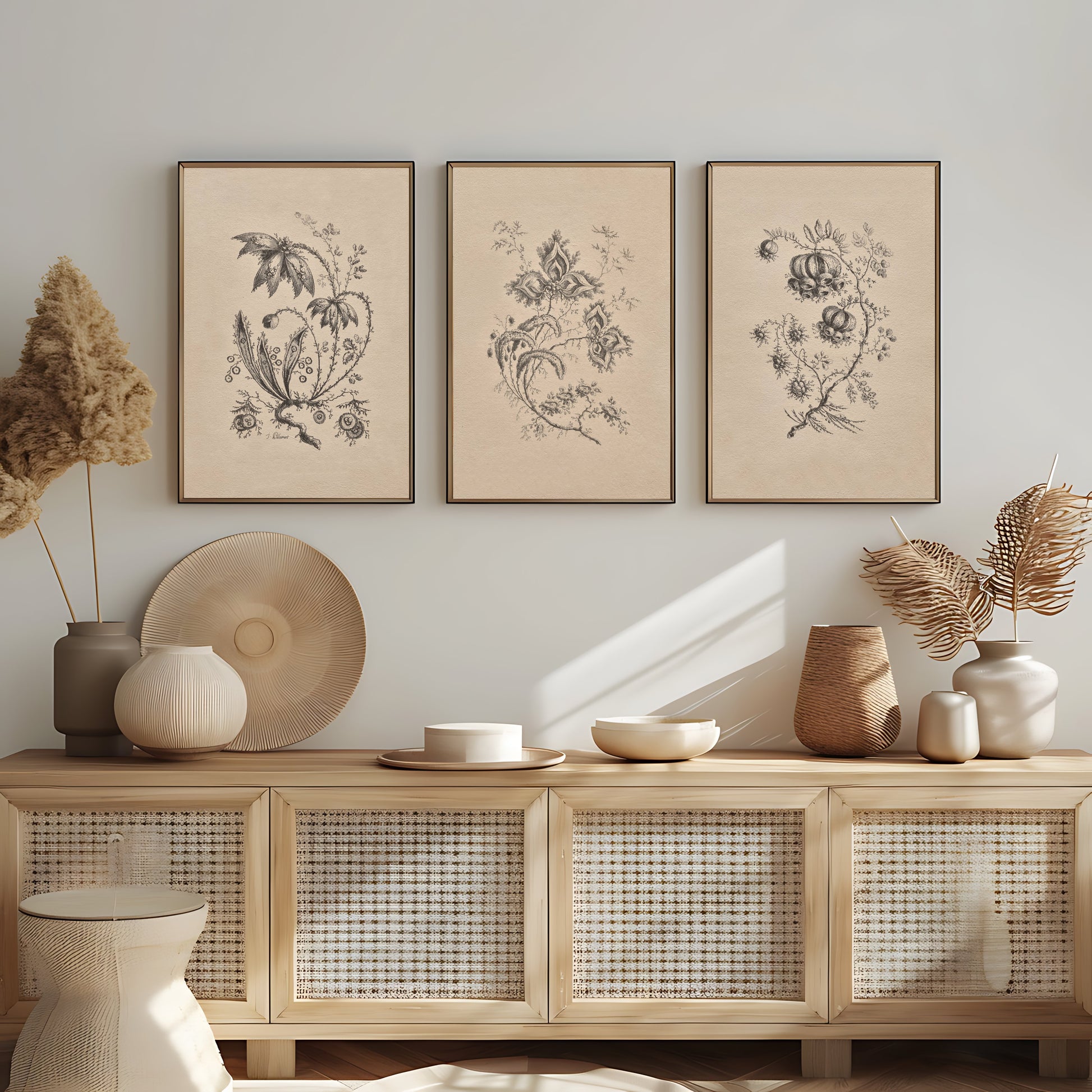 Antique wall art featuring classic botanical illustrations