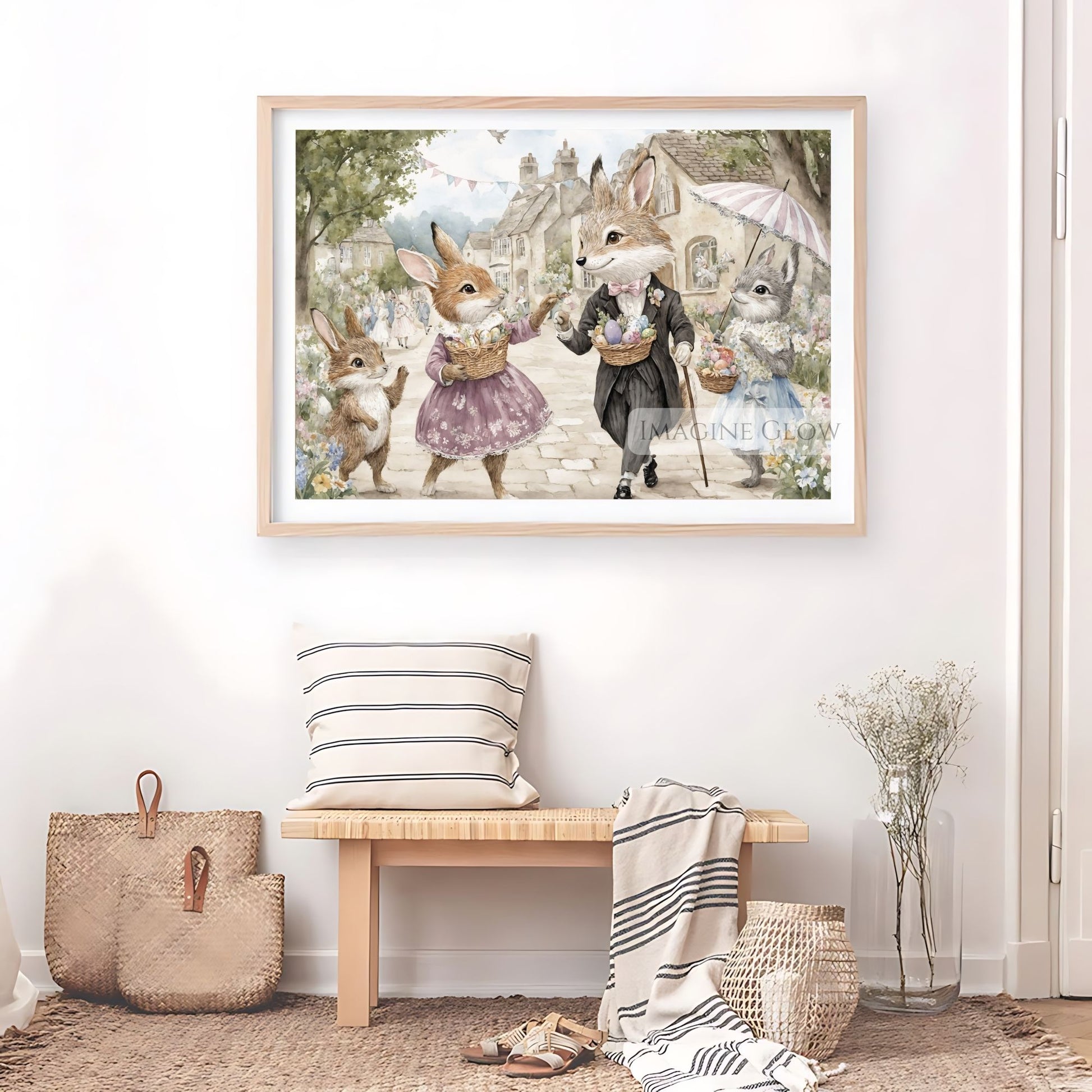Vintage Easter Bunny and Fox Illustration - Floral Basket Art
