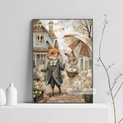 Victorian Fox & Bunny Wall Art with Easter Egg and Flower Basket
