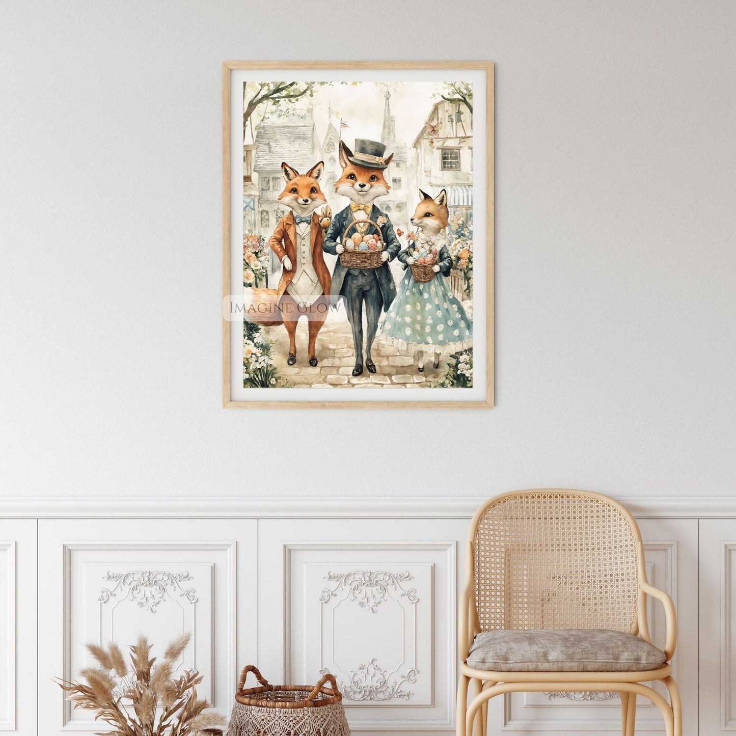 Victorian Fox Wall Art with Easter Egg and Flower Basket
