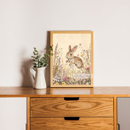 Vintage bunny painting with wildflowers in rustic tones.
