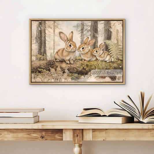 Vintage bunny family in a forest illustration.
