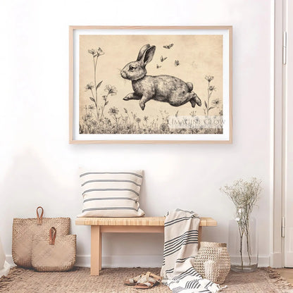 Antique bunny wall art with countryside charm.
