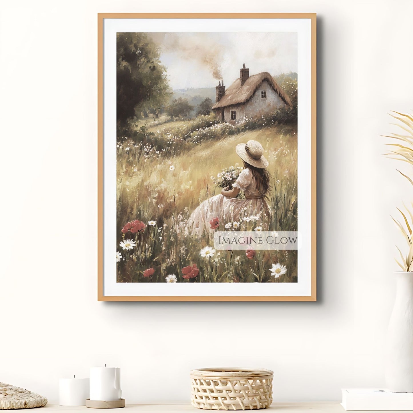 Vintage woman picking flowers in spring meadow art print.
