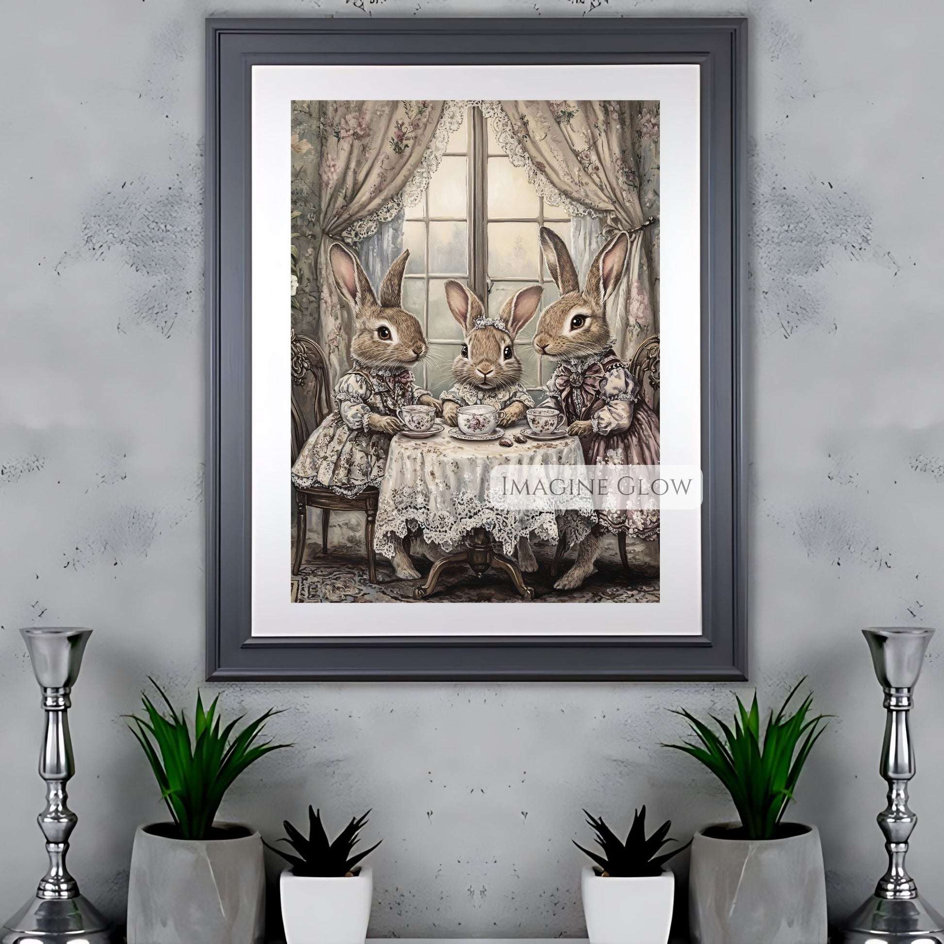 Victorian rabbit family enjoying tea time art print.
Elegant bunny tea party vintage wall art.
