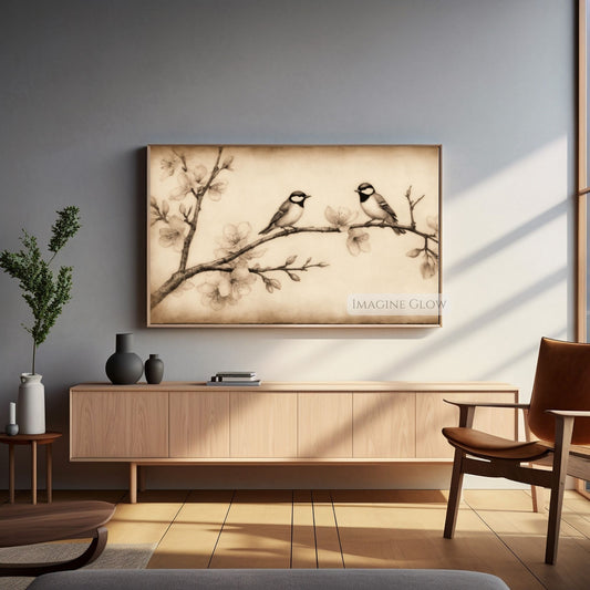 Two vintage birds on a branch Frame TV art
