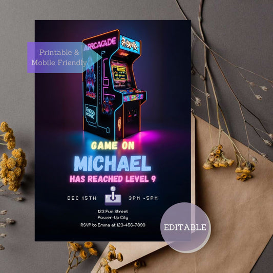 Editable arcade gamer birthday invitation template with neon glow details