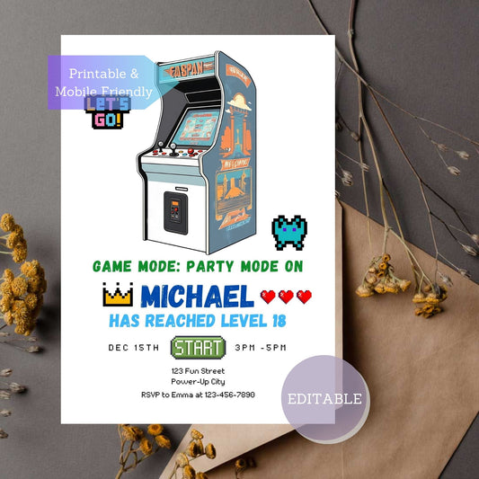 Editable arcade invitation template for gamer birthday party