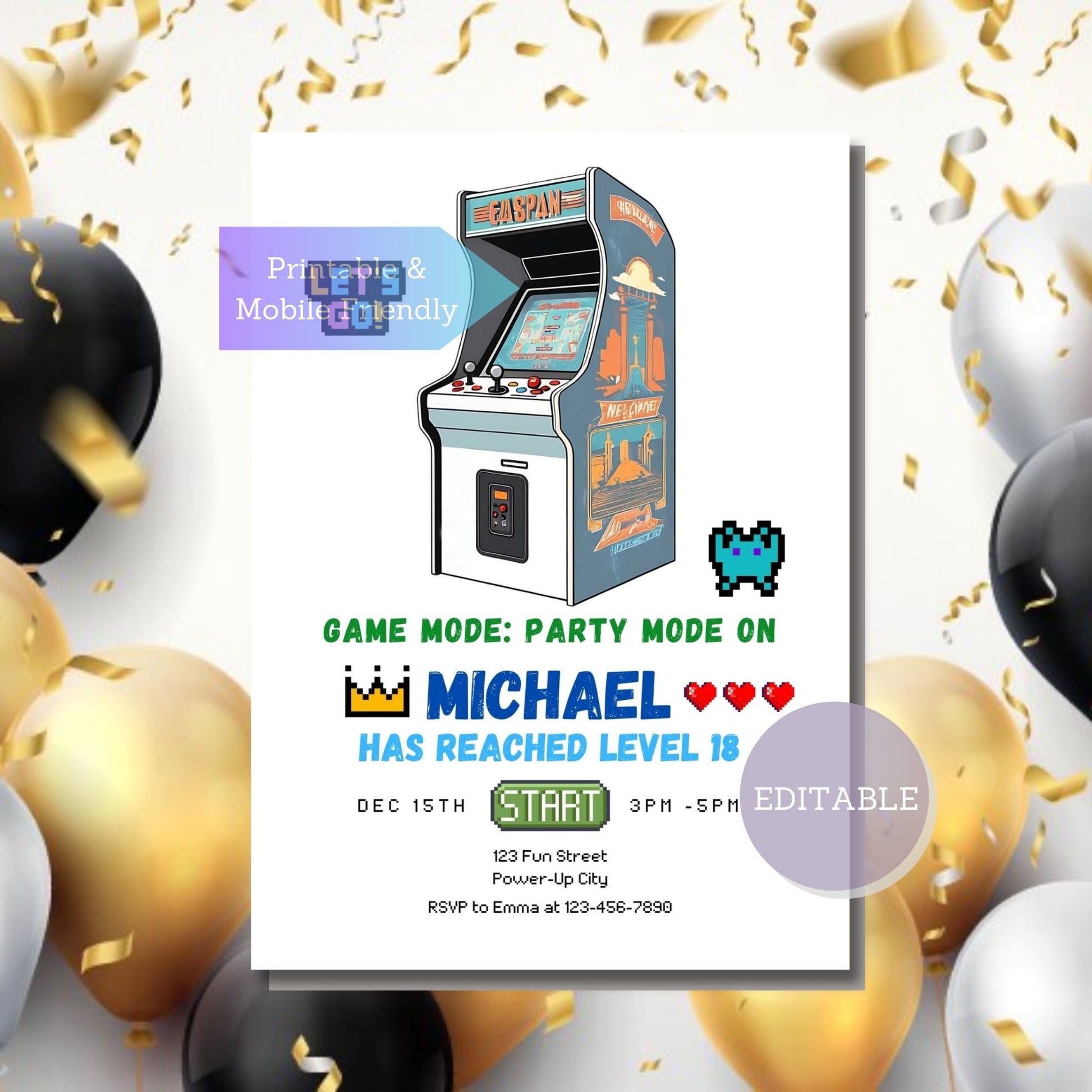 Gamer birthday party invitation template with arcade theme