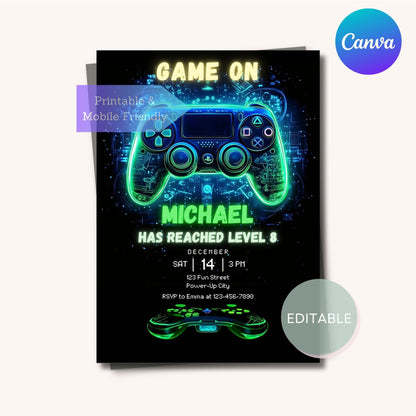 Neon glow video game birthday invite featuring arcade-style elements