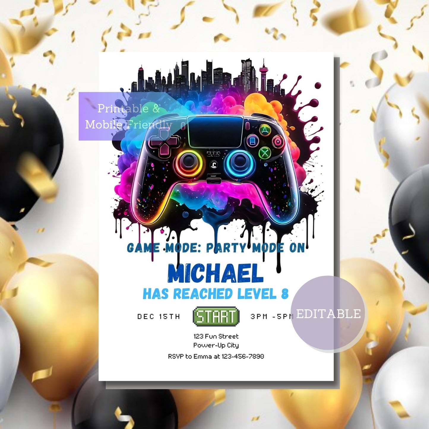 Arcade-themed party invitation perfect for a gamer boy birthday celebration