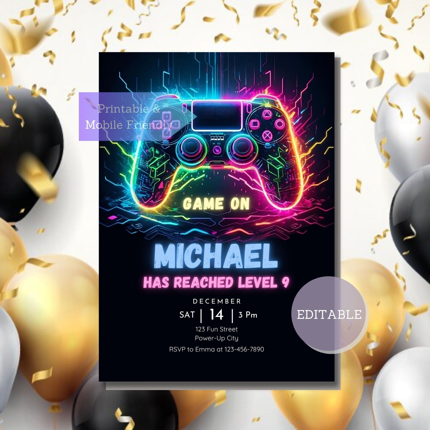 Neon glow video game party invitation with fun controller graphics