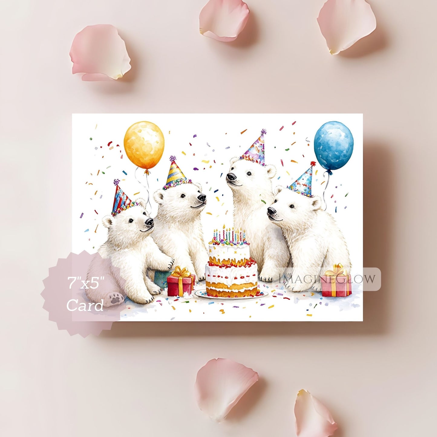 Birthday card with polar bears and a cake on a light pink background