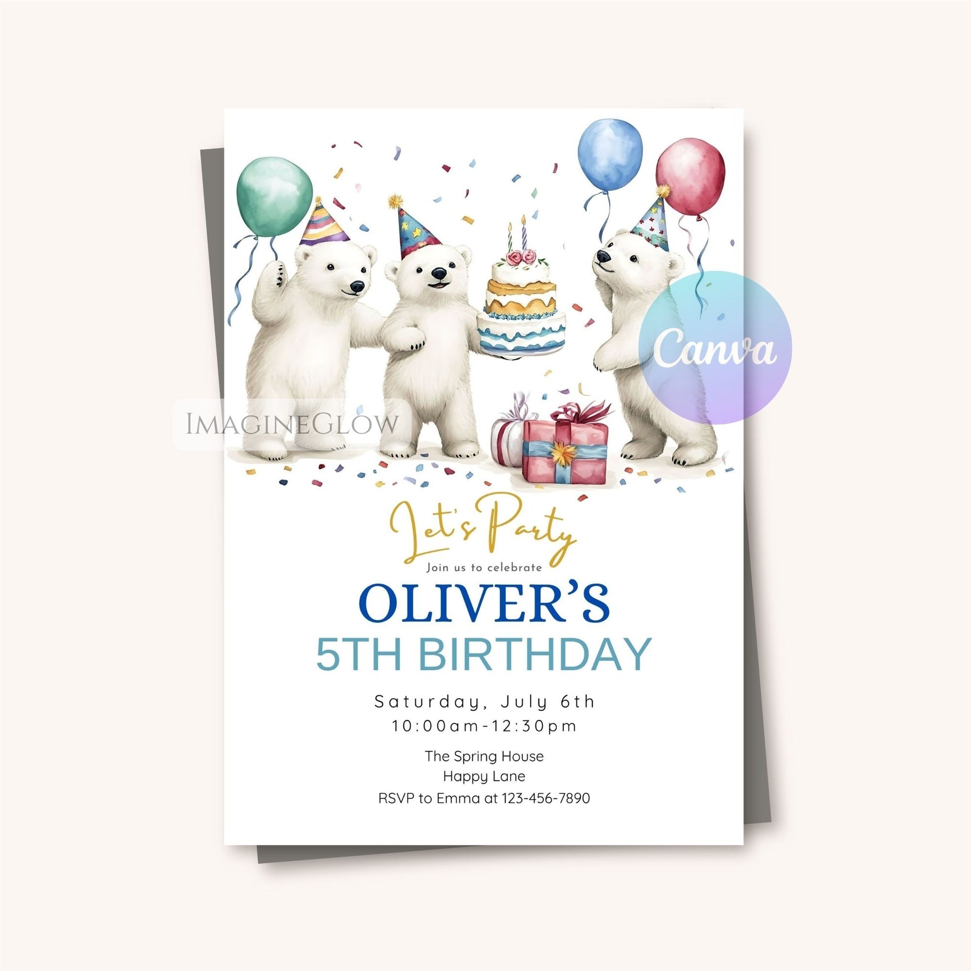 Birthday party invitation with polar bears and colorful balloons on a white background