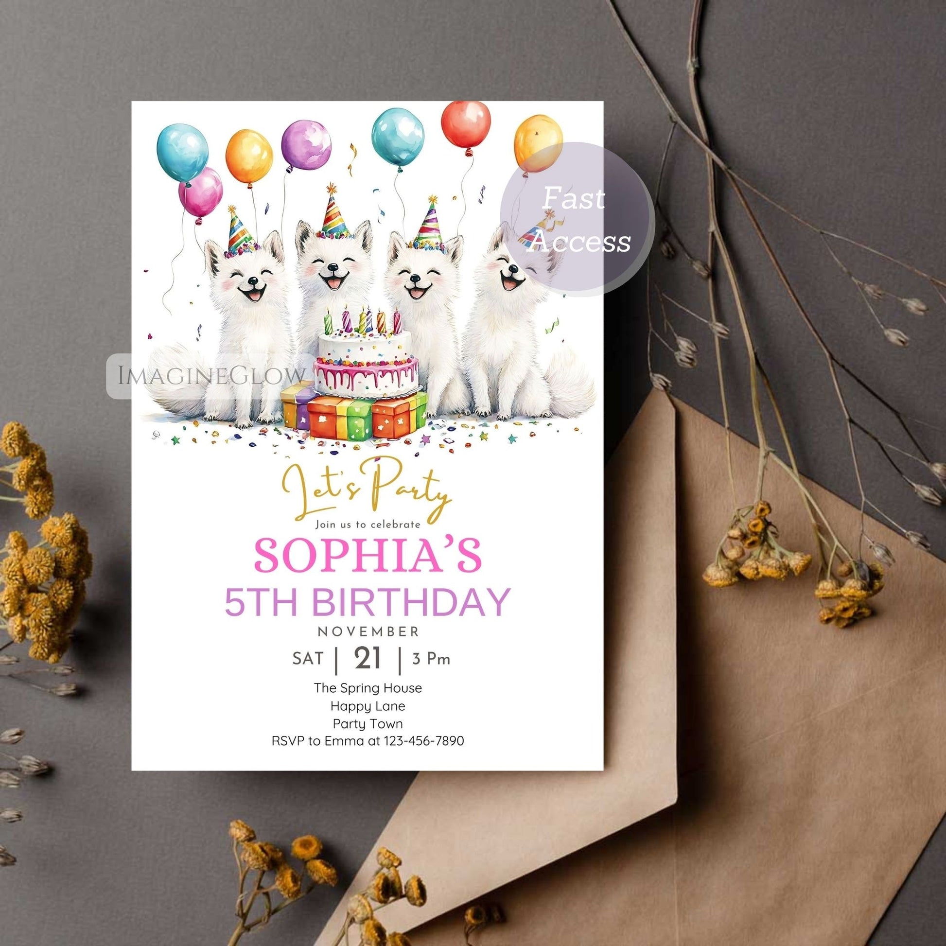 Arctic fox birthday invitation for kids



