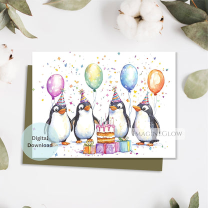 Birthday card with penguins and balloons on a white background