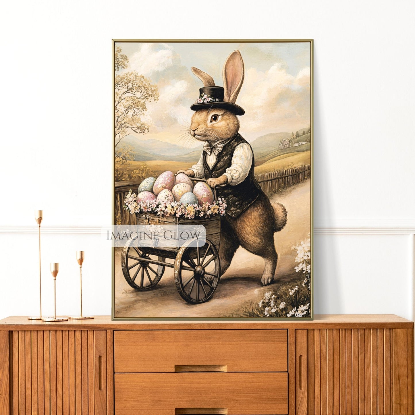 Victorian bunny art print with Easter eggs and vintage spring design.
