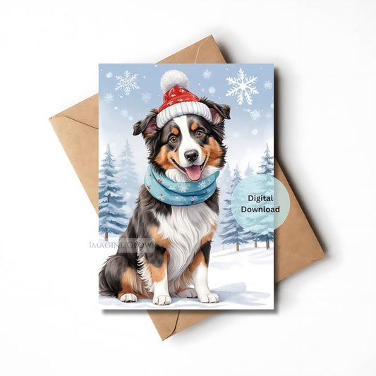 Digital download card with a dog wearing a Santa hat and scarf on a snowy background