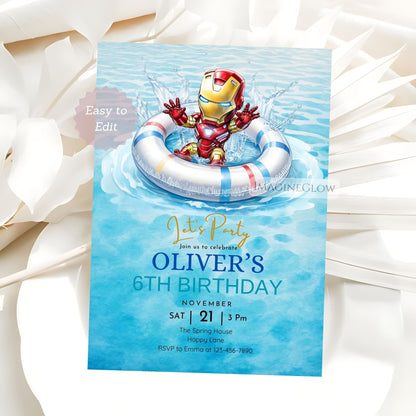 iron man summer splash party card
avengers pool party template
