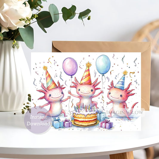 Birthday card with axolotls celebrating a birthday, featuring balloons and a cake.
