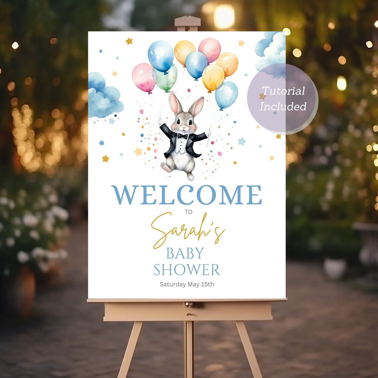 Balloon and bunny design baby shower party sign.
