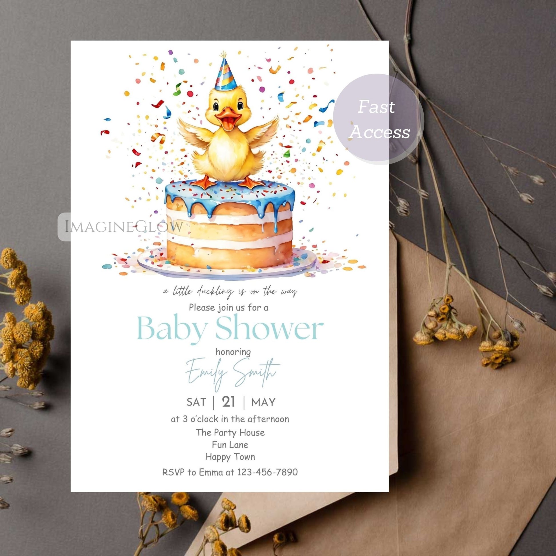 Yellow and blue duck baby shower invitation set
Customizable rubber duck baby shower templates for boys
