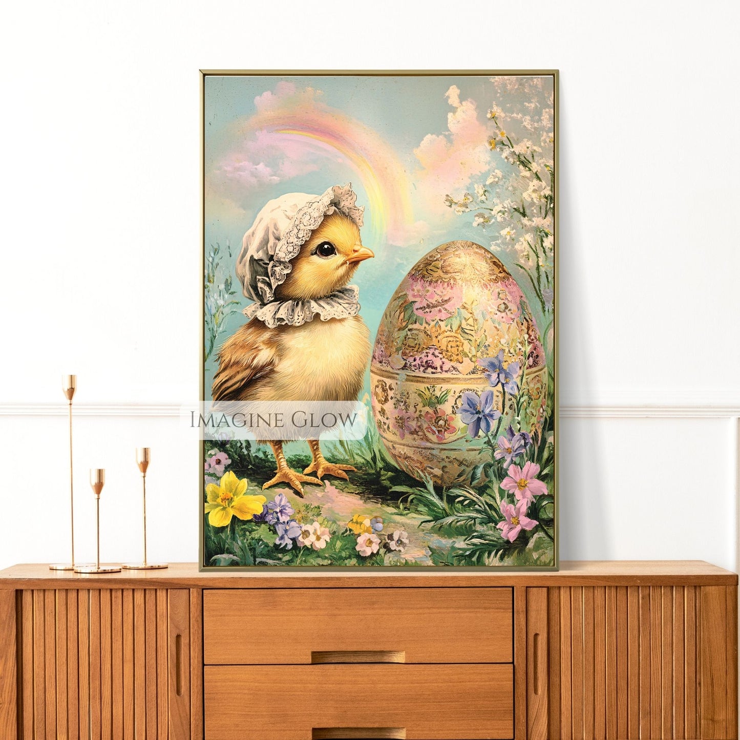 Vintage-style baby chick with Easter egg and spring flowers illustration.

