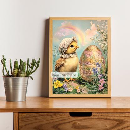 Easter decor featuring a baby chick and decorated egg in a floral setting.
