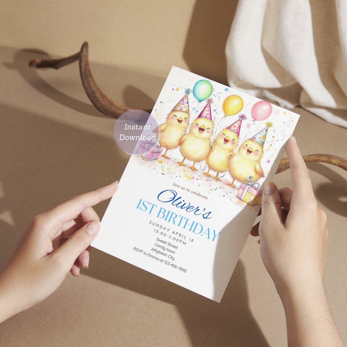 Farm animal birthday invitation featuring a baby chick design.
