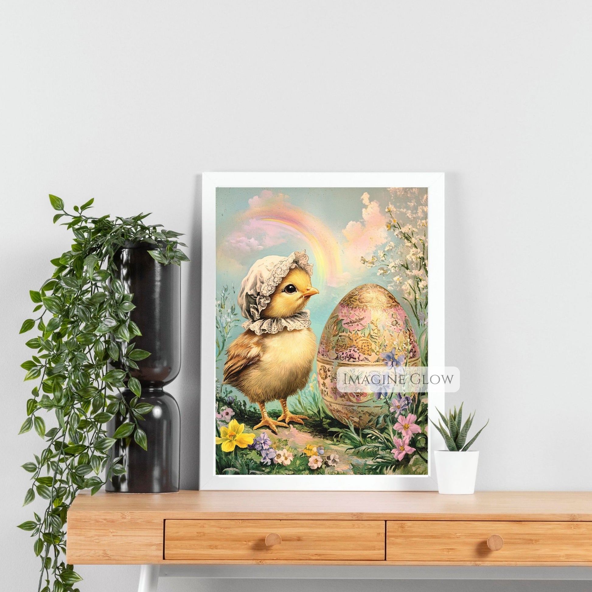 Baby chick Easter wall art in vintage pastel tones.
