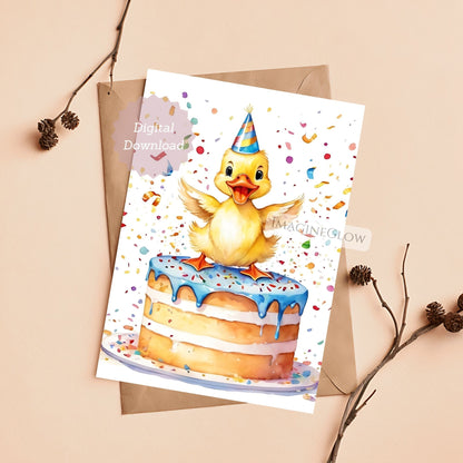 Digital download card with a duck on a birthday cake and confetti